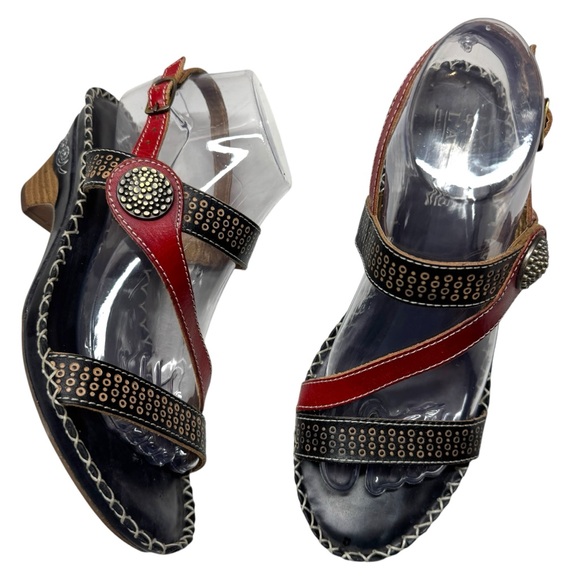 L'Artiste Dreamer Spring Step Red Black Leather Sandals Shoes EU 38 US 7.5 / 8 - Picture 1 of 16